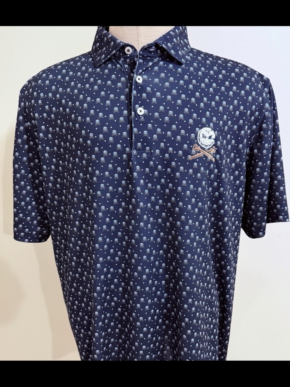 Stitch Men's Navy Patterned Polo Shirt with Embroidered Blue Crushers